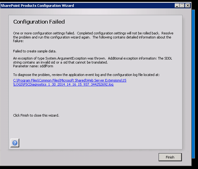 SharePoint 2013: errore "The SDDL string contains an invalid sid or a sid that cannot be translated" durante l'installazione